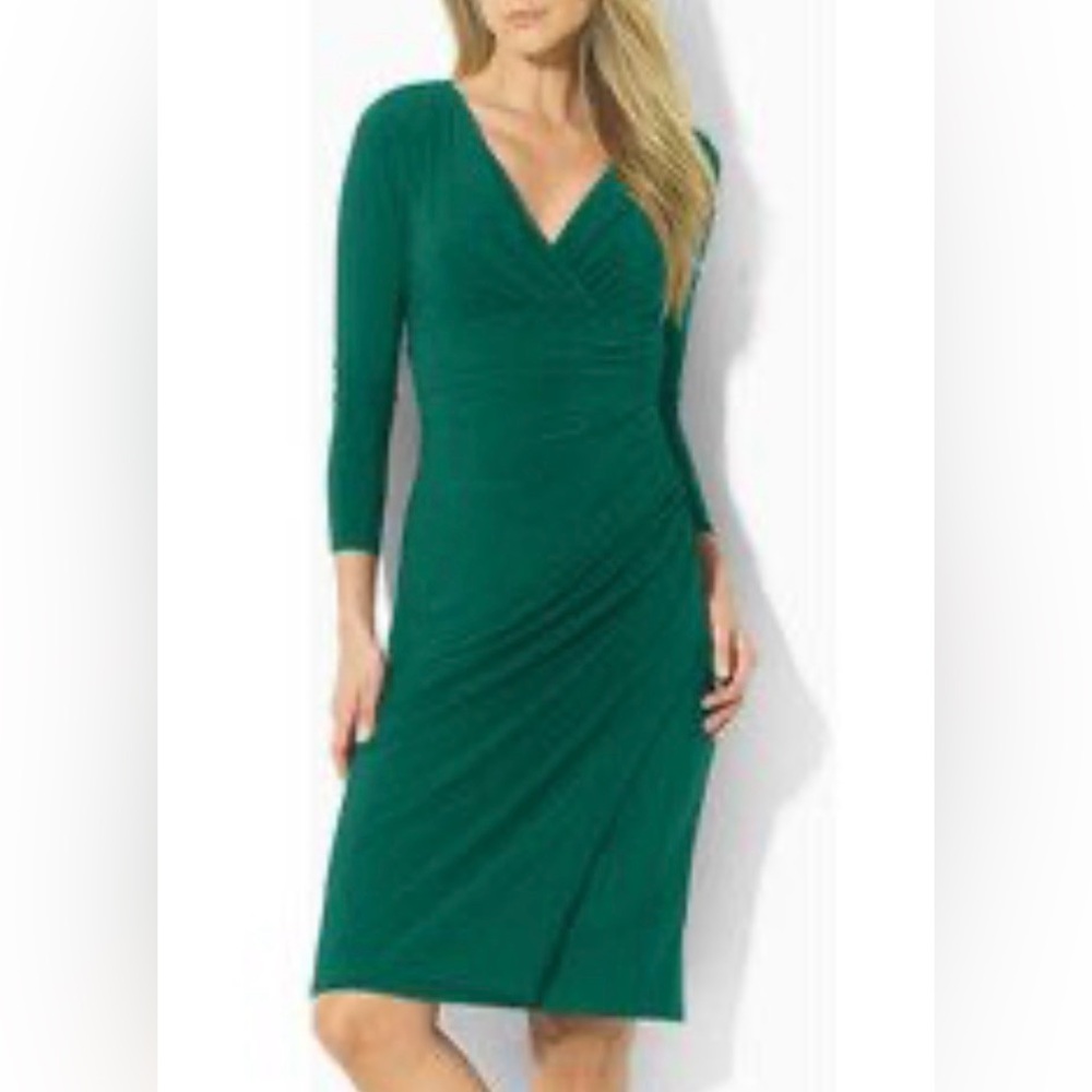 Lauren Ralph Lauren Kelly Green Size 8 Wrap Dress 3/4 Sleeve Stretch Faux-Wrap